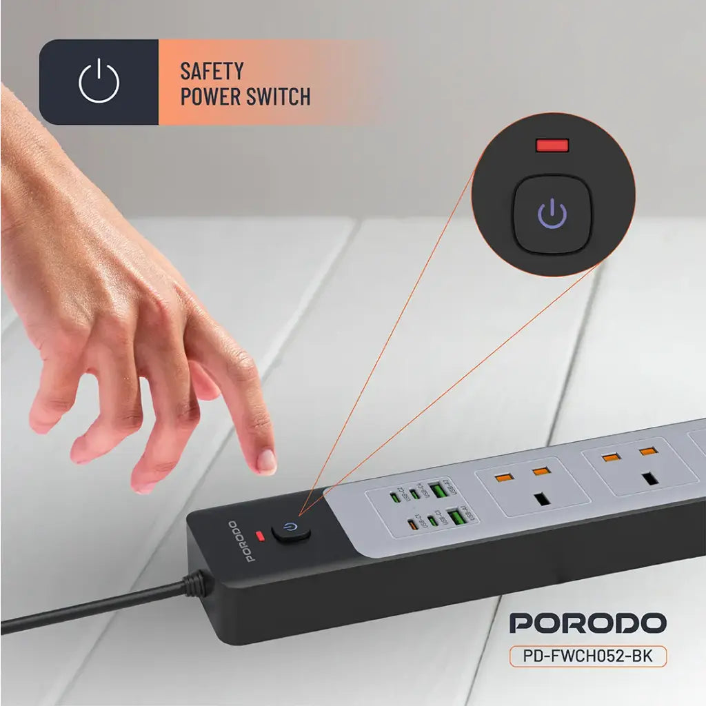 A Person going to turn on the Porodo 3-AC Power Strip.