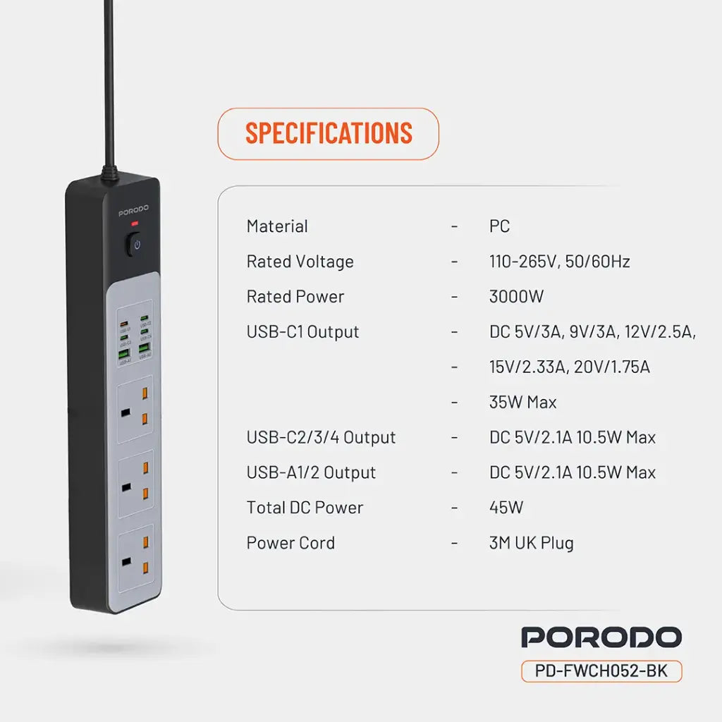 Specifications of Porodo 3-AC Power Strip