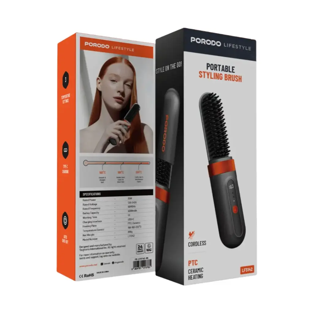 Package of Porodo Lifestyle Portable Heated Styling Brush.