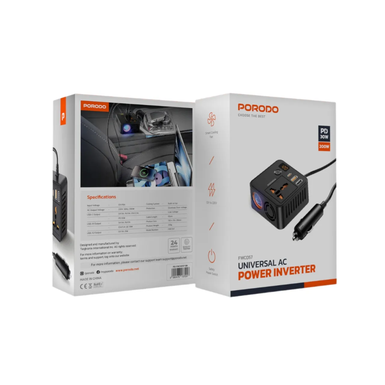 Porodo universal AC power inverter packaging on a white background