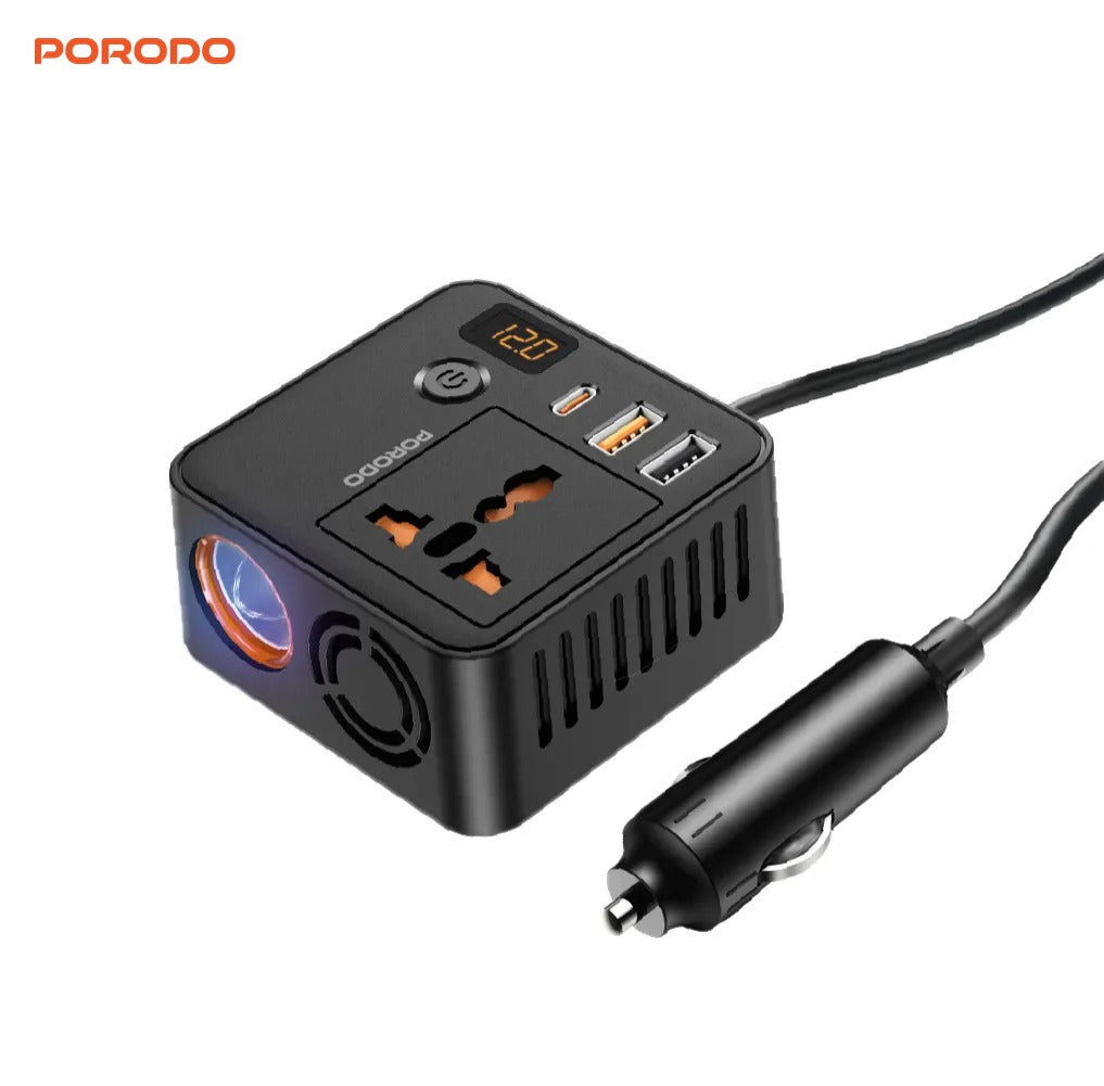 PORODO power adapter with multiple outlets and USB ports on a white background