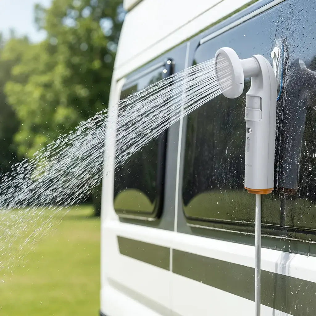 A Porodo Lifestyle 2-in-1 Portable Bidet & Shower is attached to a Vehicle Using Suction Hook