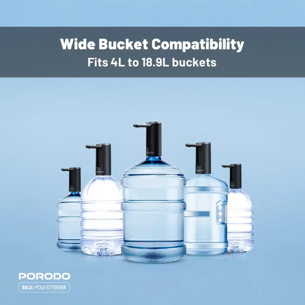 A Porodo foldable electric water pump is mounted on top of a different water bottle.