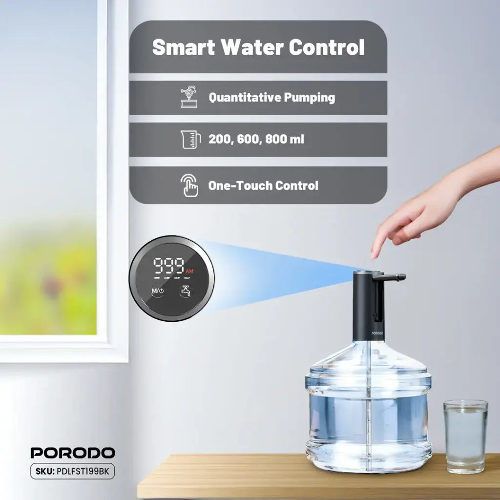 A Porodo foldable electric water pump is mounted on top of a large water bottle, and a person is dispensing water into a small glass.