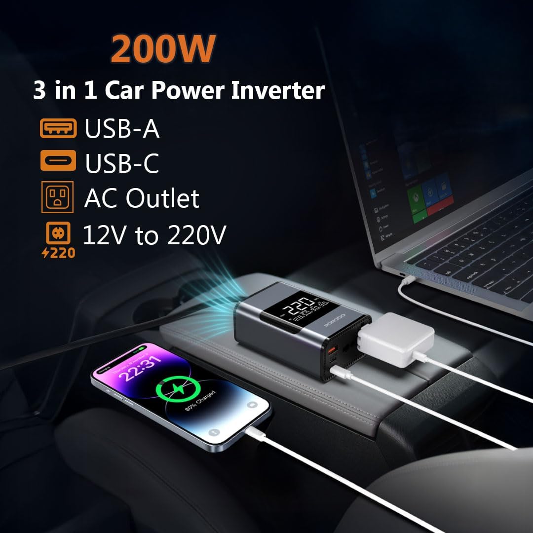 Porodo Universal AC Car Power Inverter is connected to different devices inside a car.