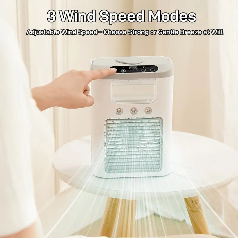 A Person is Operating Portable Air Cooler Fan.