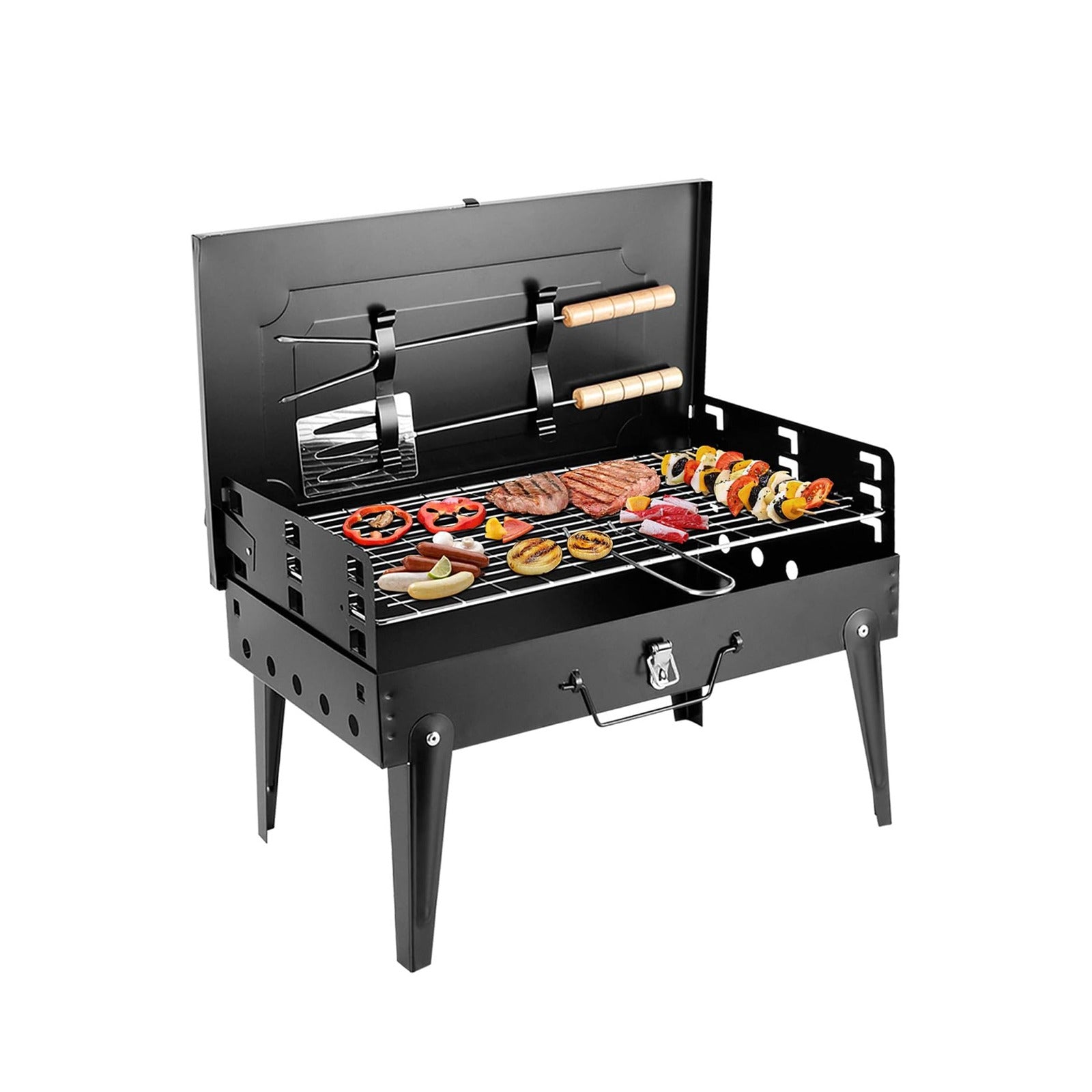 A Portable BBQ Grill with Food in Making.