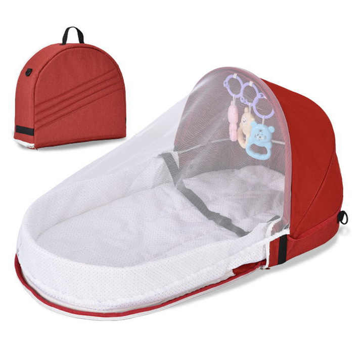 Portable Baby Bed in Red Color.