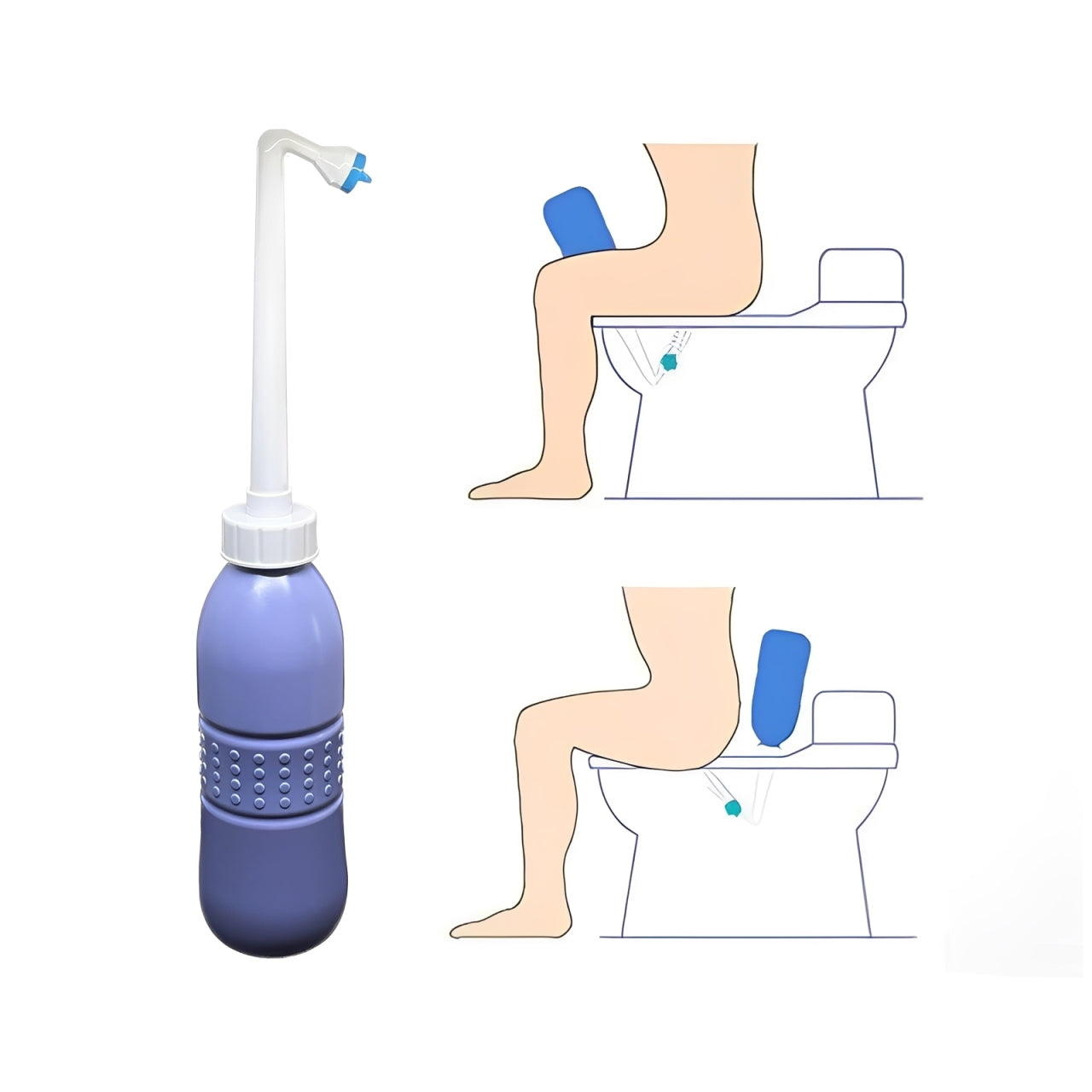 A handheld portable bidet bottle with a long angled nozzle, designed for personal hygiene. The image also shows simple illustrations demonstrating how to use it while sitting on a toilet, providing a convenient and hygienic cleaning solution.