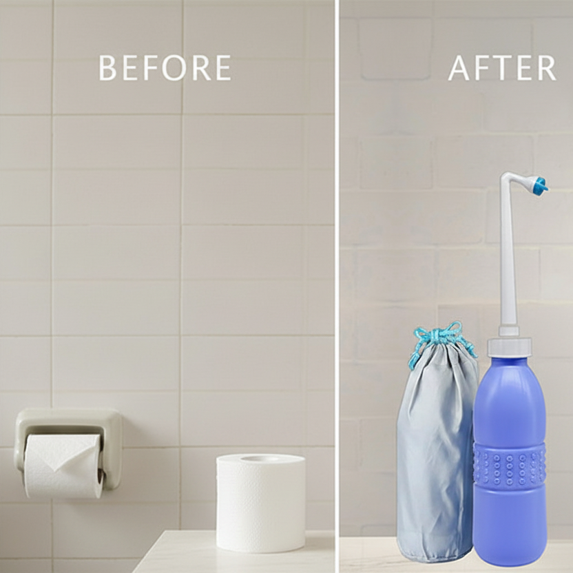 A before-and-after comparison showing a bathroom setup, where the “before” side features a simple toilet paper roll, and the “after” side highlights a portable bidet bottle with a travel pouch and packaging, emphasizing improved hygiene and convenience.