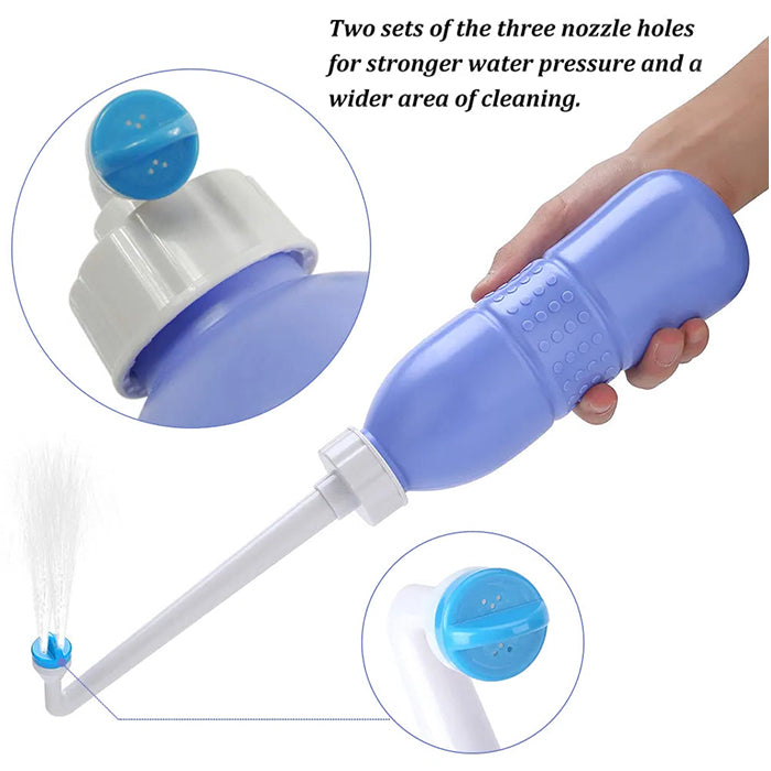 A handheld portable bidet bottle shown with a long angled nozzle and textured grip for easy squeezing. The image highlights dual nozzle designs with multiple spray holes, providing stronger water pressure and wider cleaning coverage.