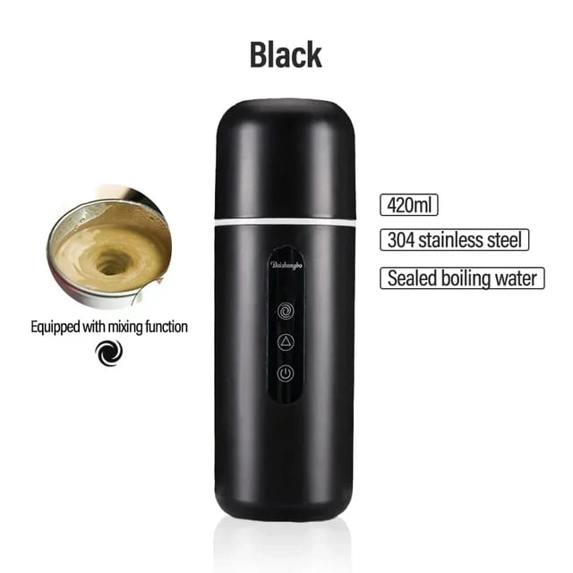 Black Portable Coffee and Tea Car Heating Bottle Cup, highlighting its elegant design and specifying its capacity