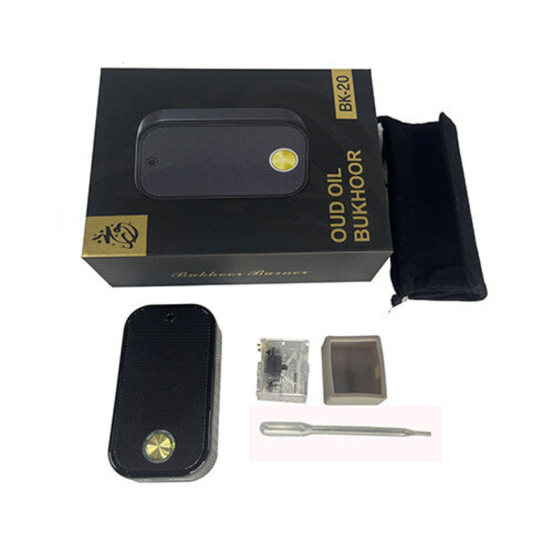 Box and other accessories comes with Portable Electric Oud Oil Bukhoor Burner on a white background. The box is labeled 'OUD OIL BUKHOOR' and 'BK-20'.