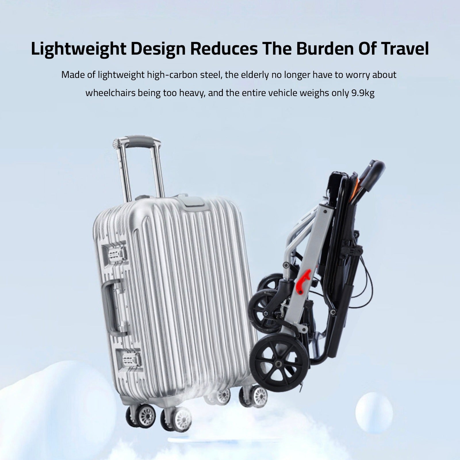A Portable Folding Travel Wheelchair and a Travel Trolley Bag.