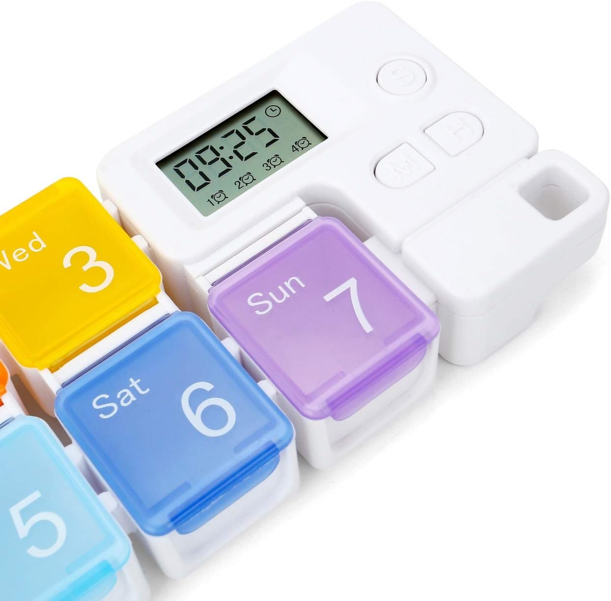 Portable alarm pill box weekly pill organizer with colorful day-labeled compartments, digital reminder timer, and moisture-proof dust-proof design for easy medication management.