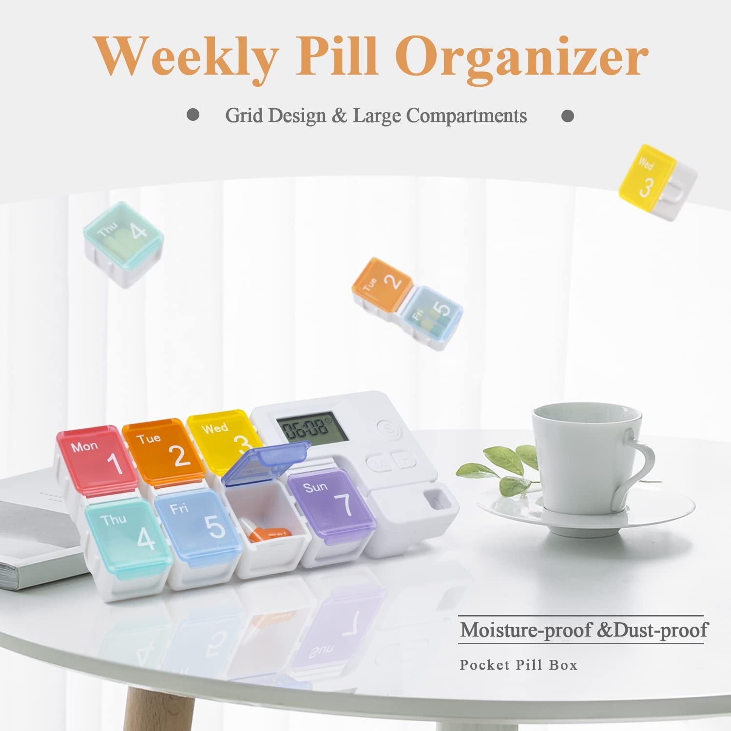 Portable alarm pill box weekly pill organizer with colorful day-labeled compartments, digital reminder timer, and moisture-proof dust-proof design for easy medication management.