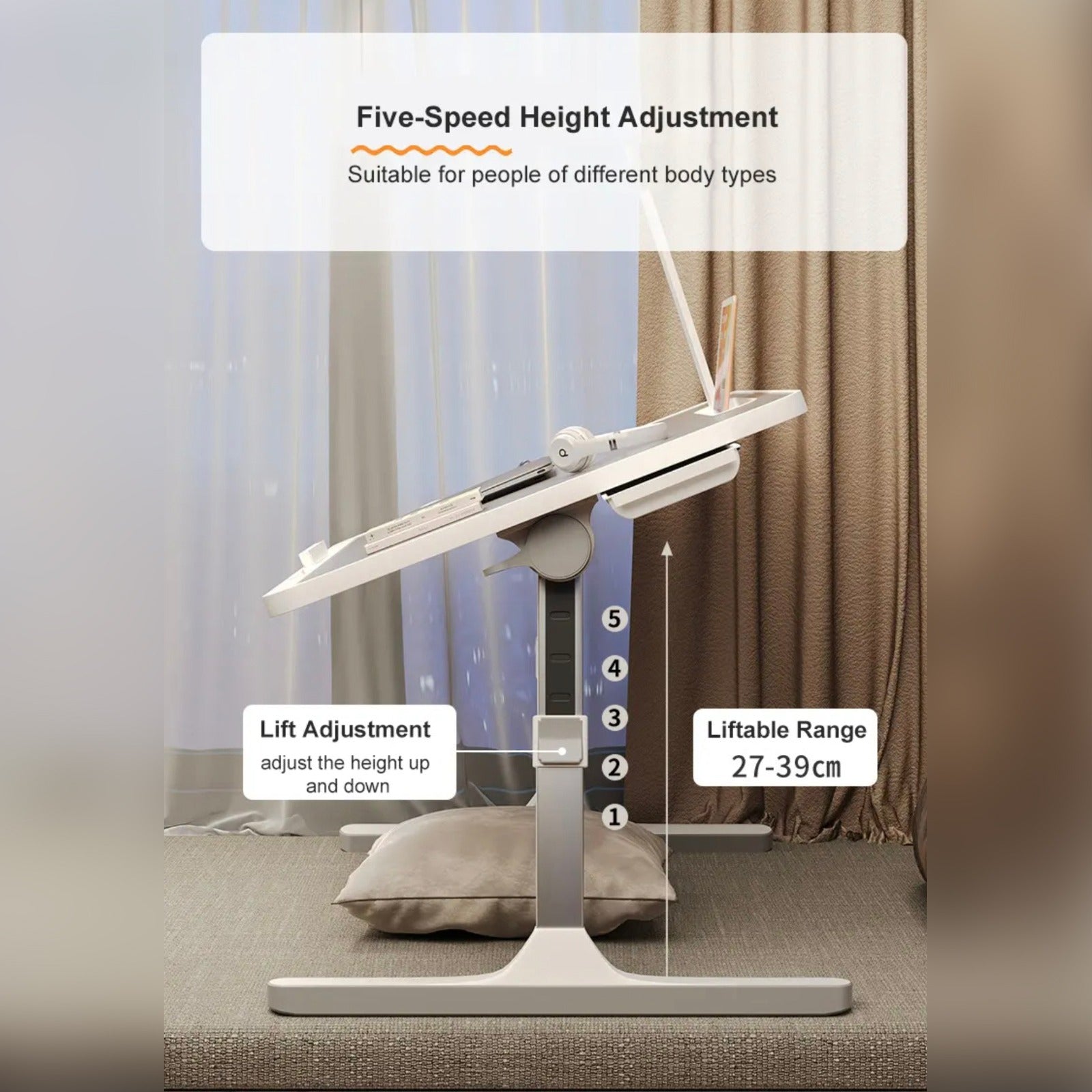 Height adjustment details of Portable foldable laptop bed desk table.