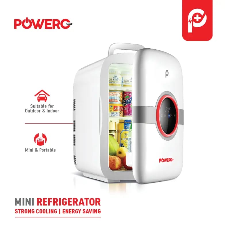 Powero 22L Mini Refrigerator with Food Items.