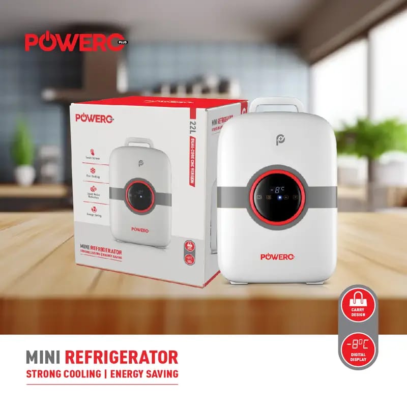Powero 22L Mini Refrigerator with its Pack.