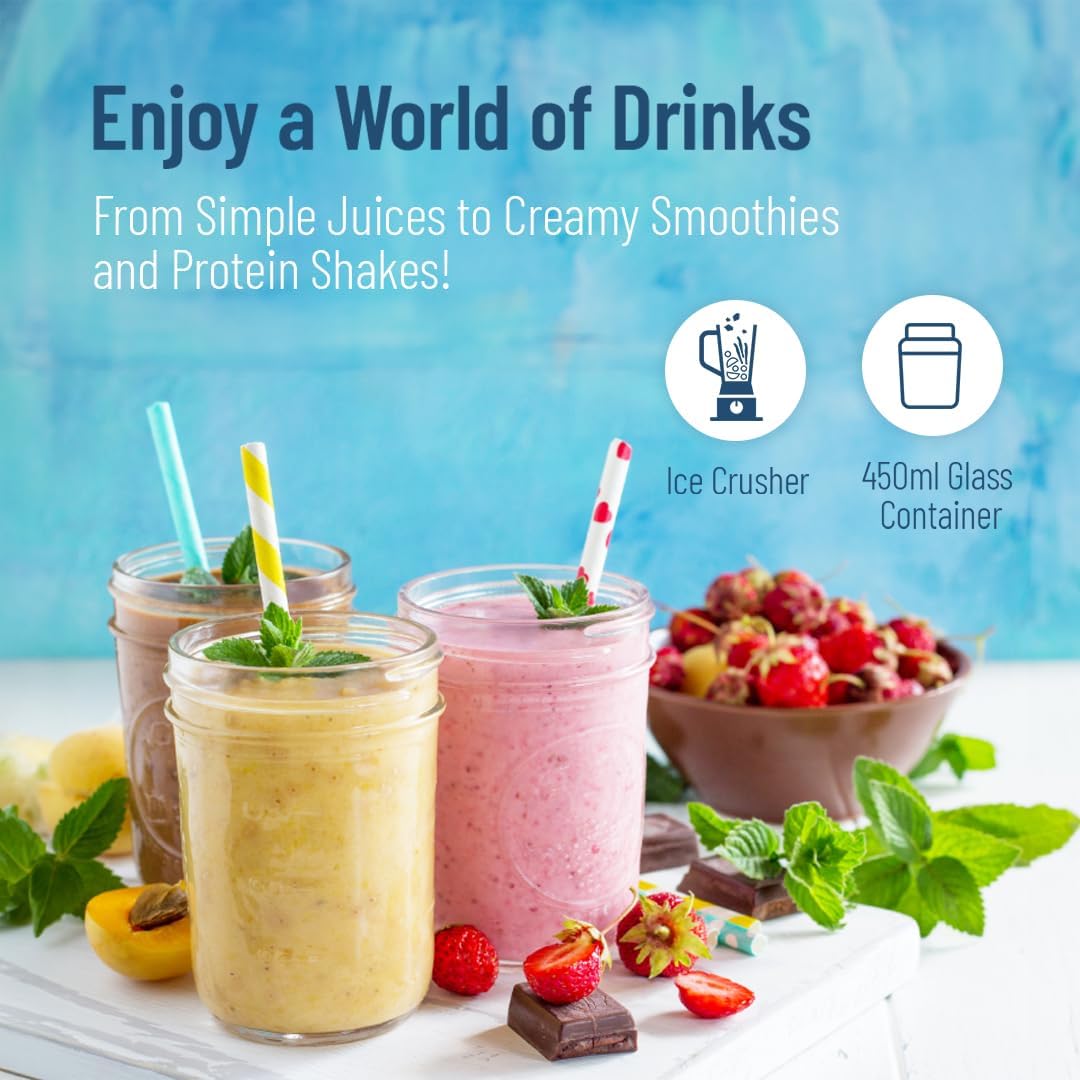 Smoothies in jars with a bowl of fruits highlighting features of Powerology 6-Blade Portable Juicer on a blue background