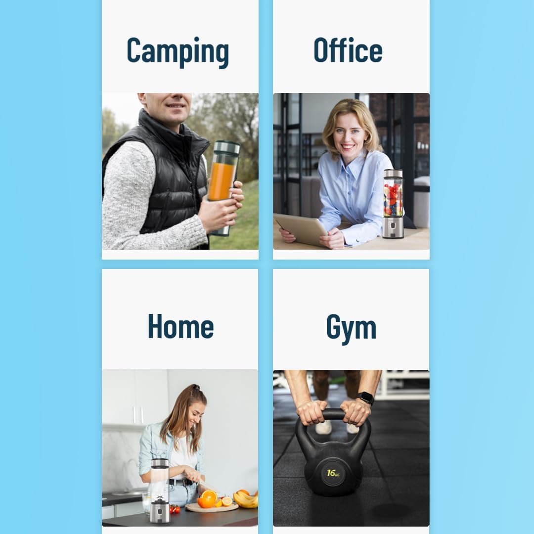 Four scenes labeled 'Camping', 'Office', 'Home', and 'Gym' with people using a Powerology 6-Blade Portable Juicer.