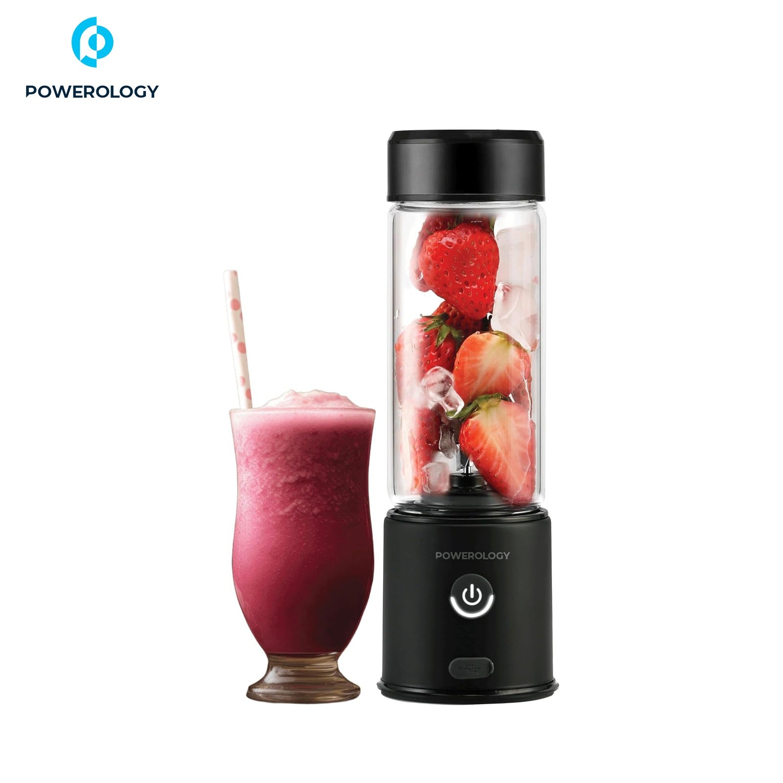 Powerology 6-Blade Portable Juicer with fruits inside next to a pink smoothie on a white background, featuring the Powerology brand.