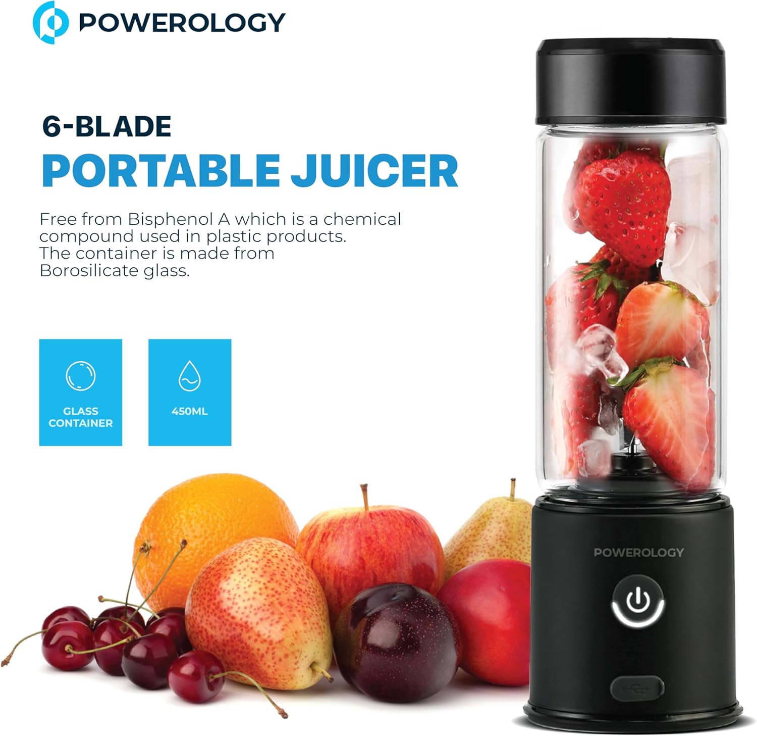 Powerology 6-Blade Portable Juicer with fruits and Powerology branding on a white background