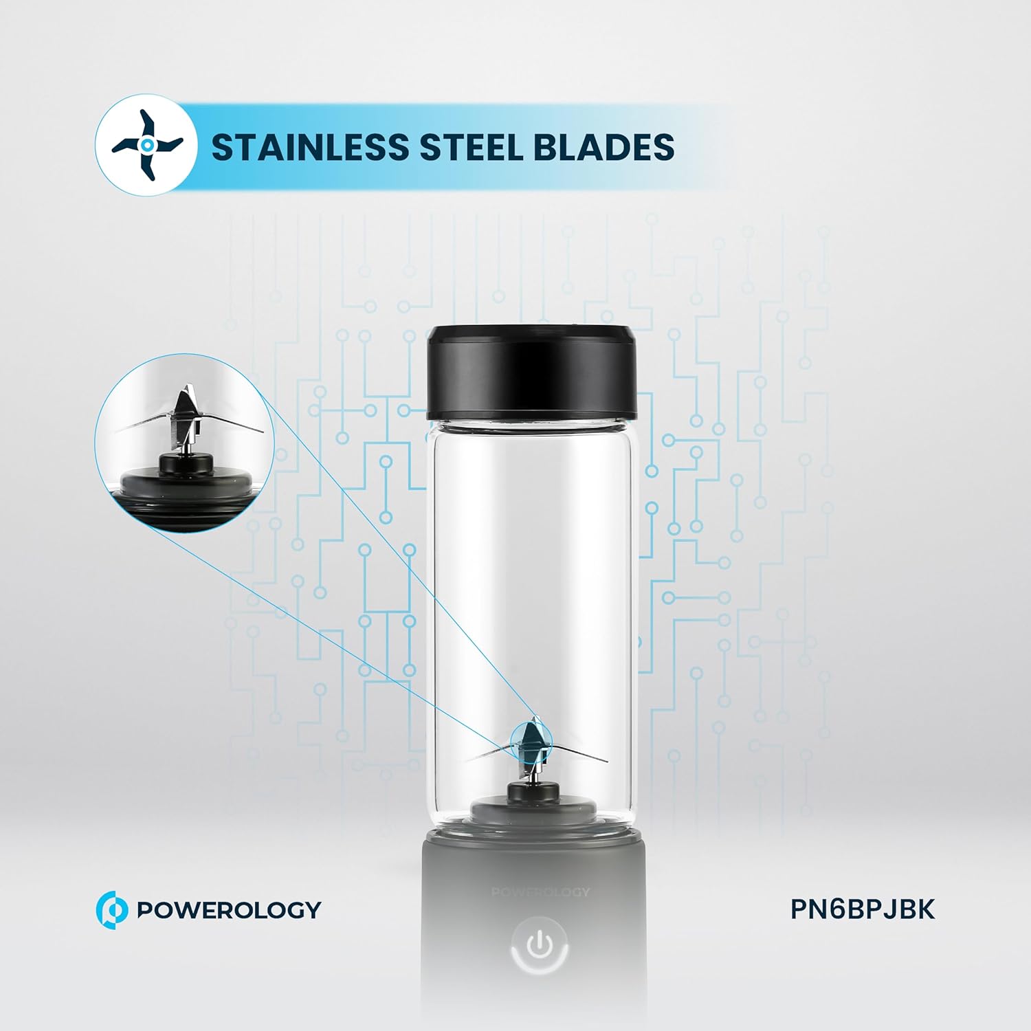 Powerology 6-Blade Portable Juicer with black lid on a light gray background, featuring Powerology branding.