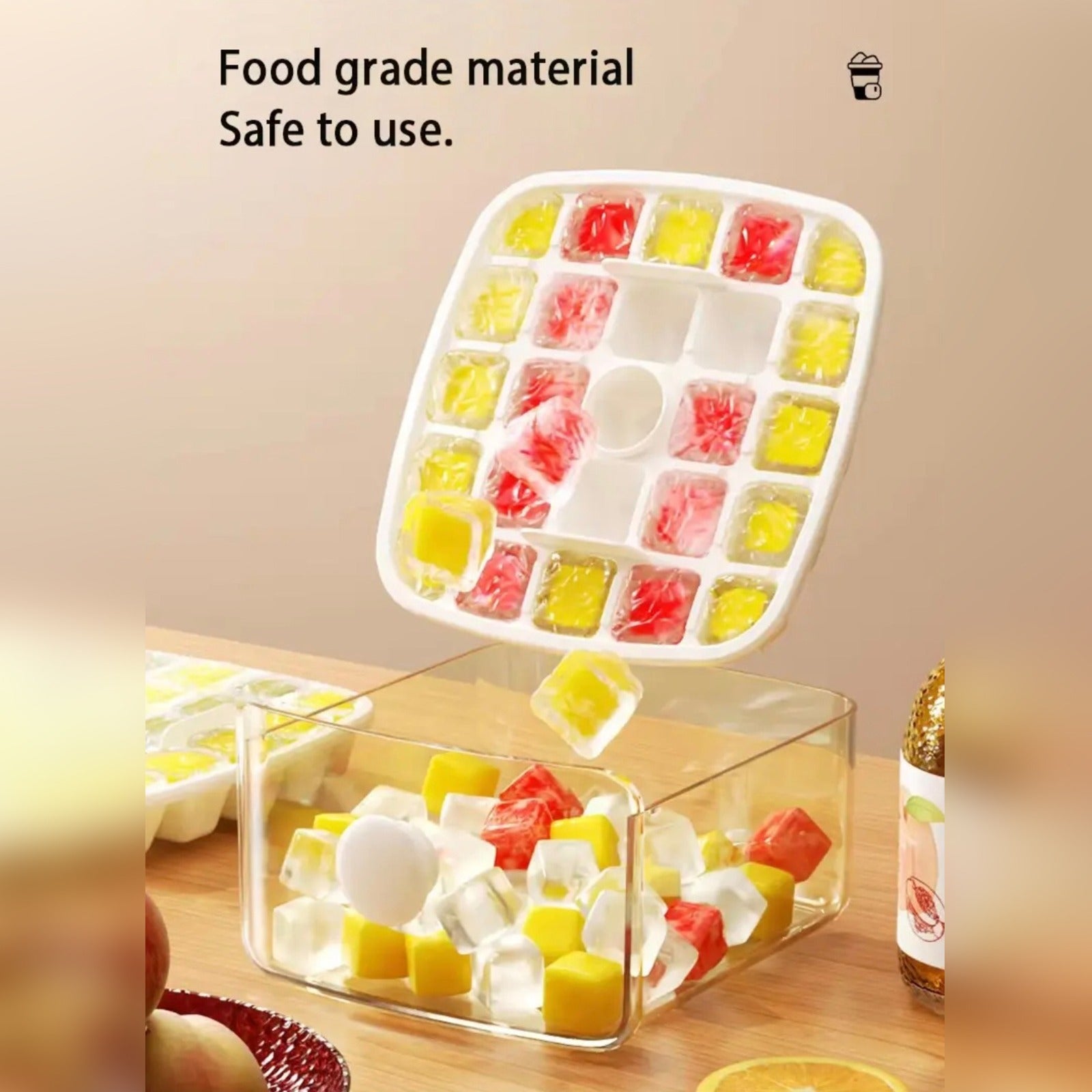 Ice Making Tray of Press-Type Ice Cube Maker with Ice Cubes.