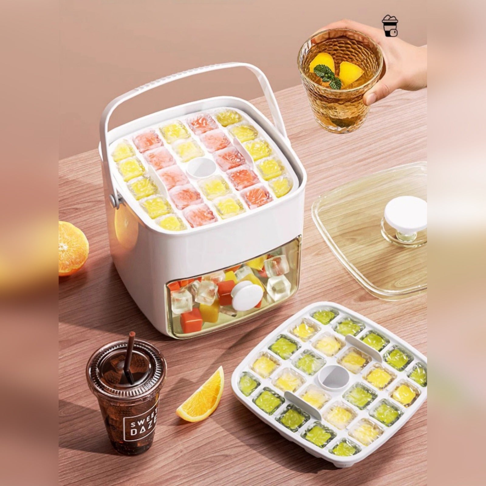 A Press-Type Ice Cube Maker with Ice Cubes.