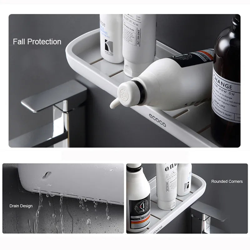A wall-mounted bathroom storage rack with a shelf positioned above a wash basin, providing convenient storage space without the need for drilling