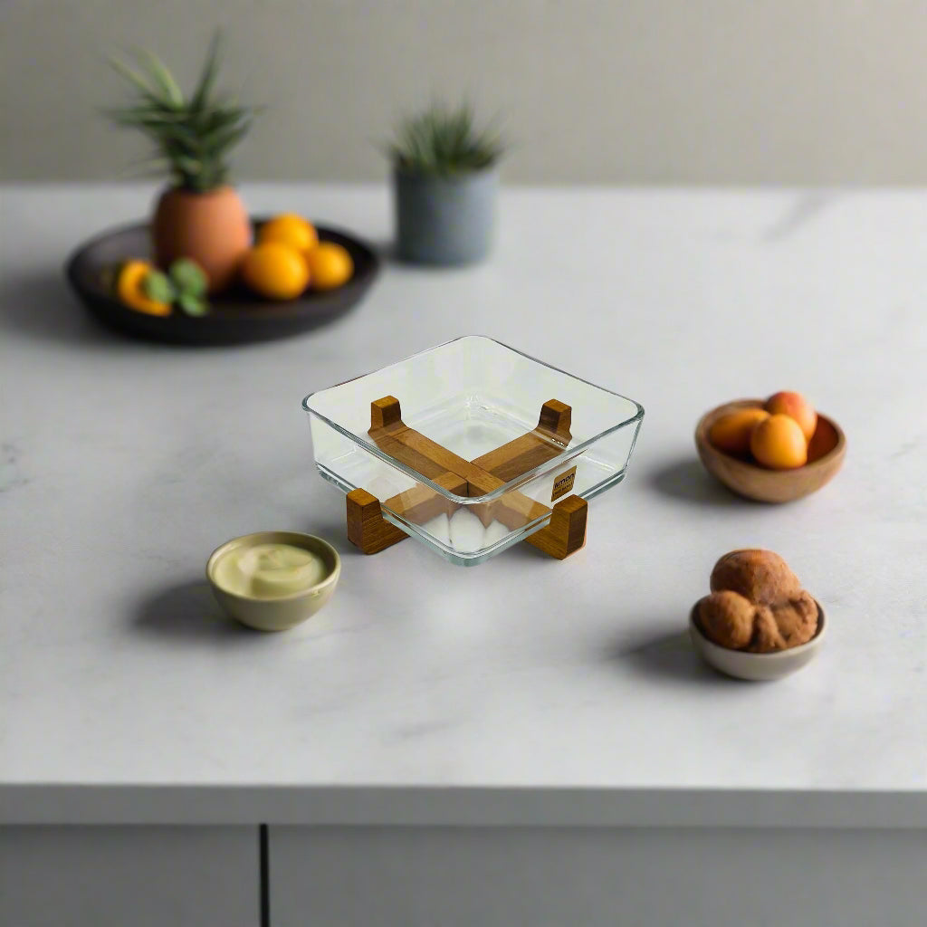 A Pure Wood Serving Tray Kept Along with Snacks and Desserts.