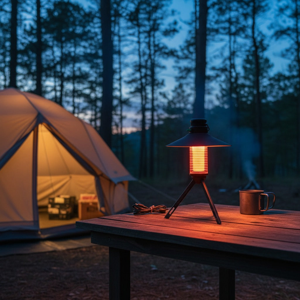 A Multi-Functional Lighthouse Camping Light is Kept On a Table Near Camping Tent.