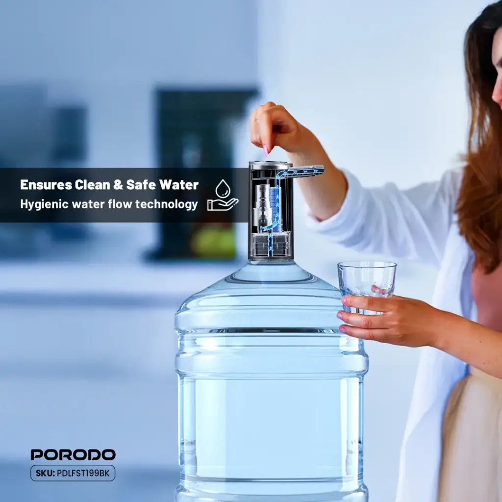 A Porodo foldable electric water pump is mounted on top of a large water bottle, and a person is dispensing water into a small glass.