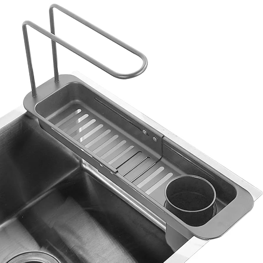 Kitchen Sink Organizer Storage Drain Rack is Attached on Kitchen Sink.
