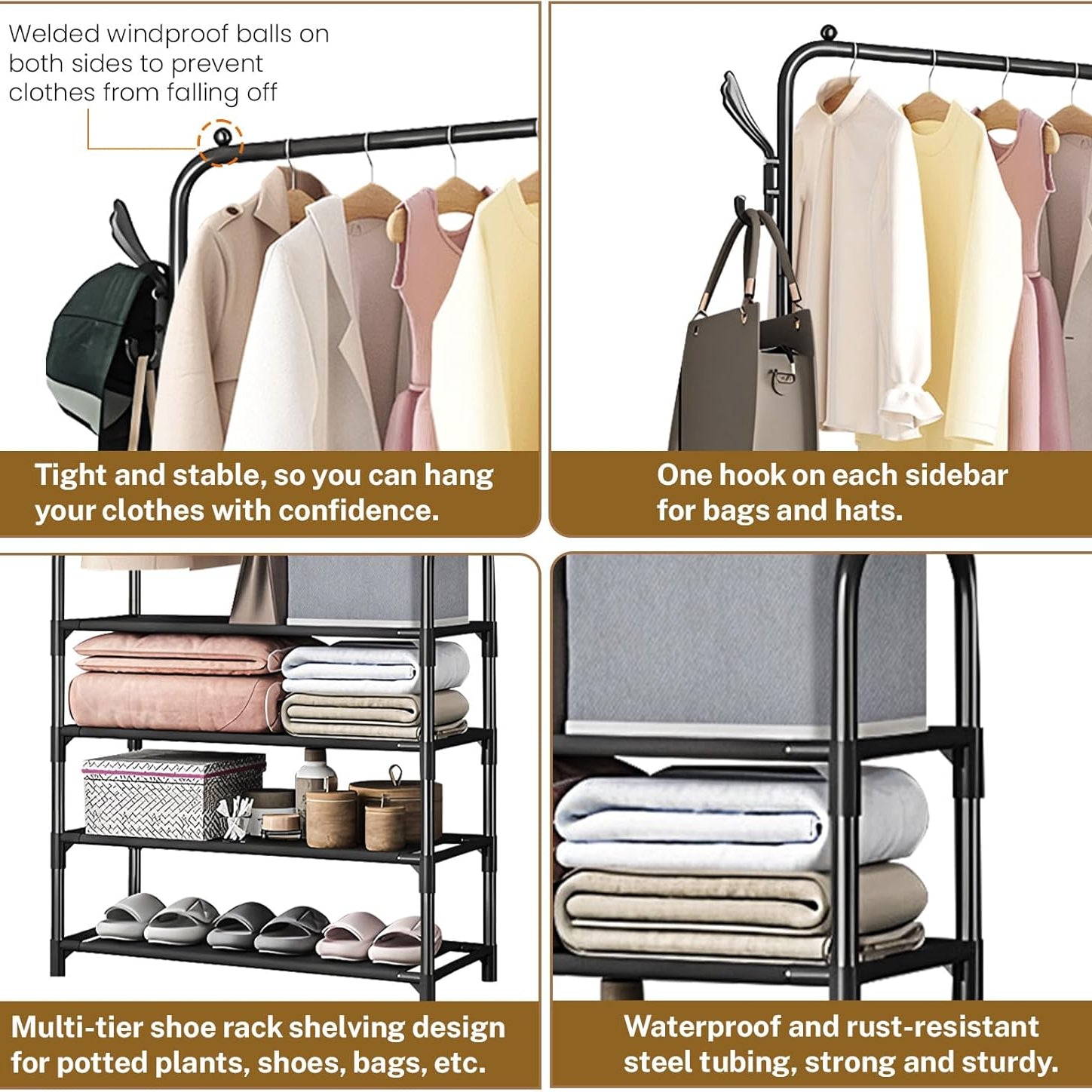 3-in-1 Floor Standing Clothes Rack with Cloths, Bags, Cheppal and Other Home Essentials are Organized.