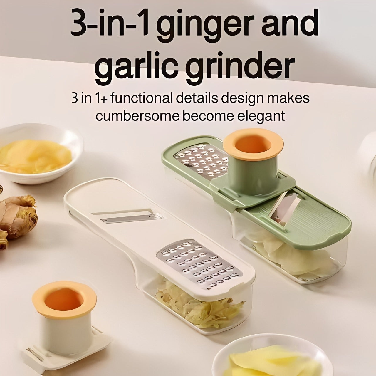 3-in-1 Triple Mini Slicers with Sliced and Grated Ginger.