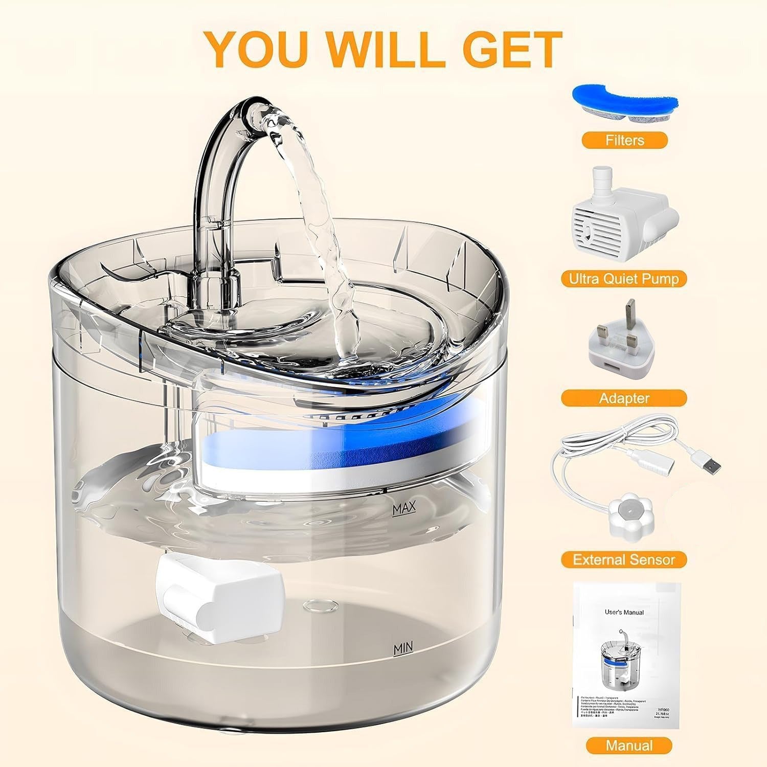 Accessories comes with Pet Water Fountain.
