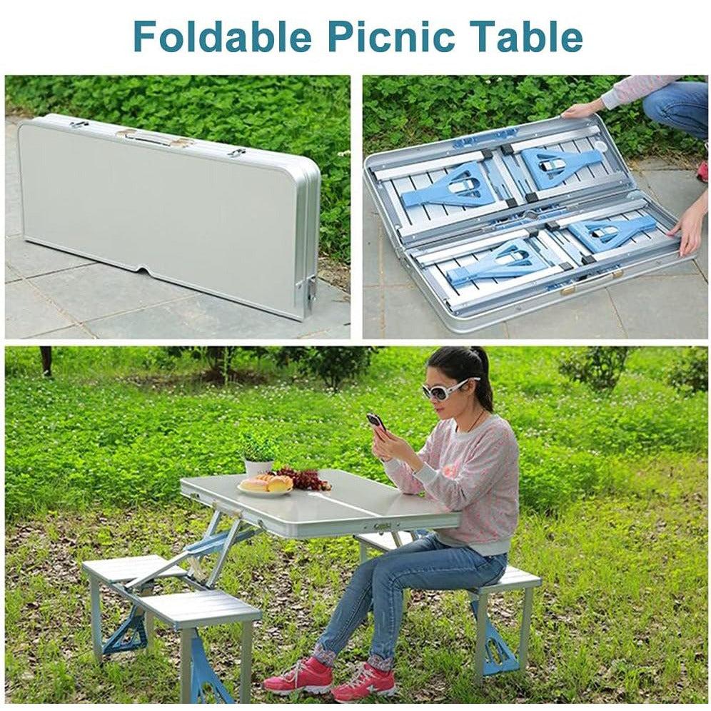 A Woman is Sitting On a Aluminum Picnic Table and Enjoying Her Camping.