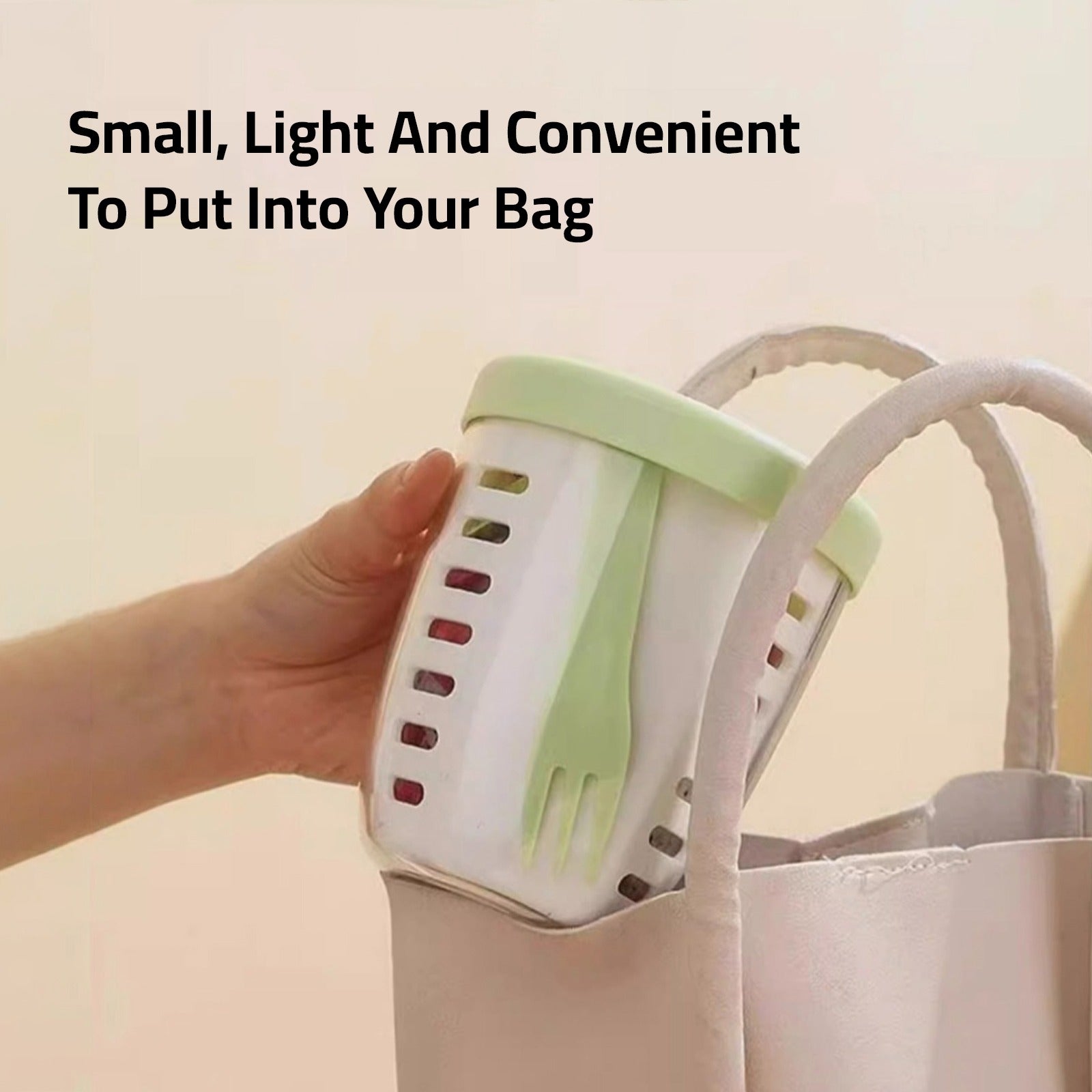 A Person is KeepingFrom Drainable Fruit Storage Cup in to Her Bag.