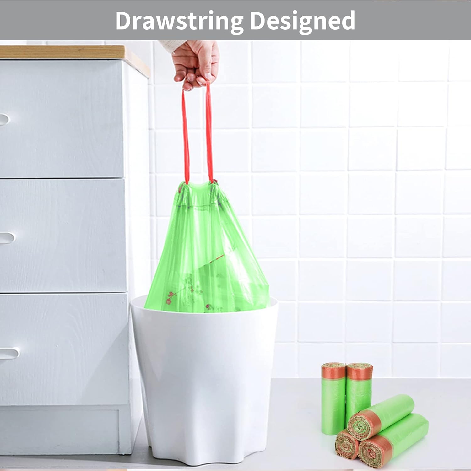 A Person is Taking Biodegradable Drawstring Trash Bag with Waste from a Trash Bin.