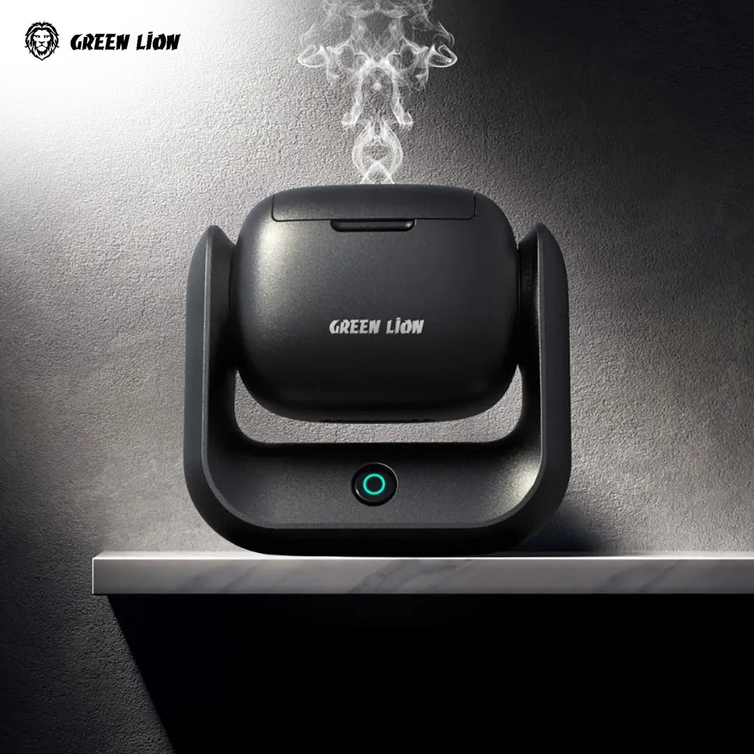 A Green Lion Rotatable Incense Bhukoor Burner is Burning Bhakoor.