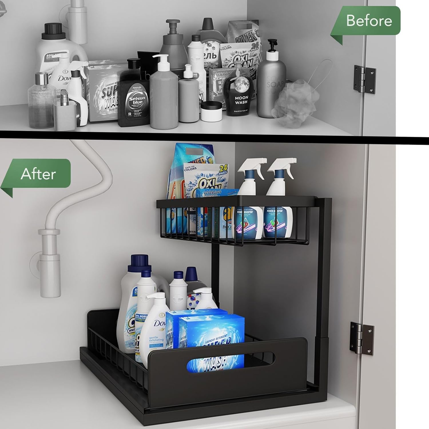 Before and after comparison of a cabinet with cleaning supplies using a Sliding Storage Rack