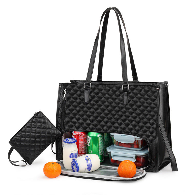 Lunch Boxes and Drinks are Stored at Women Tote Lunch Bag.