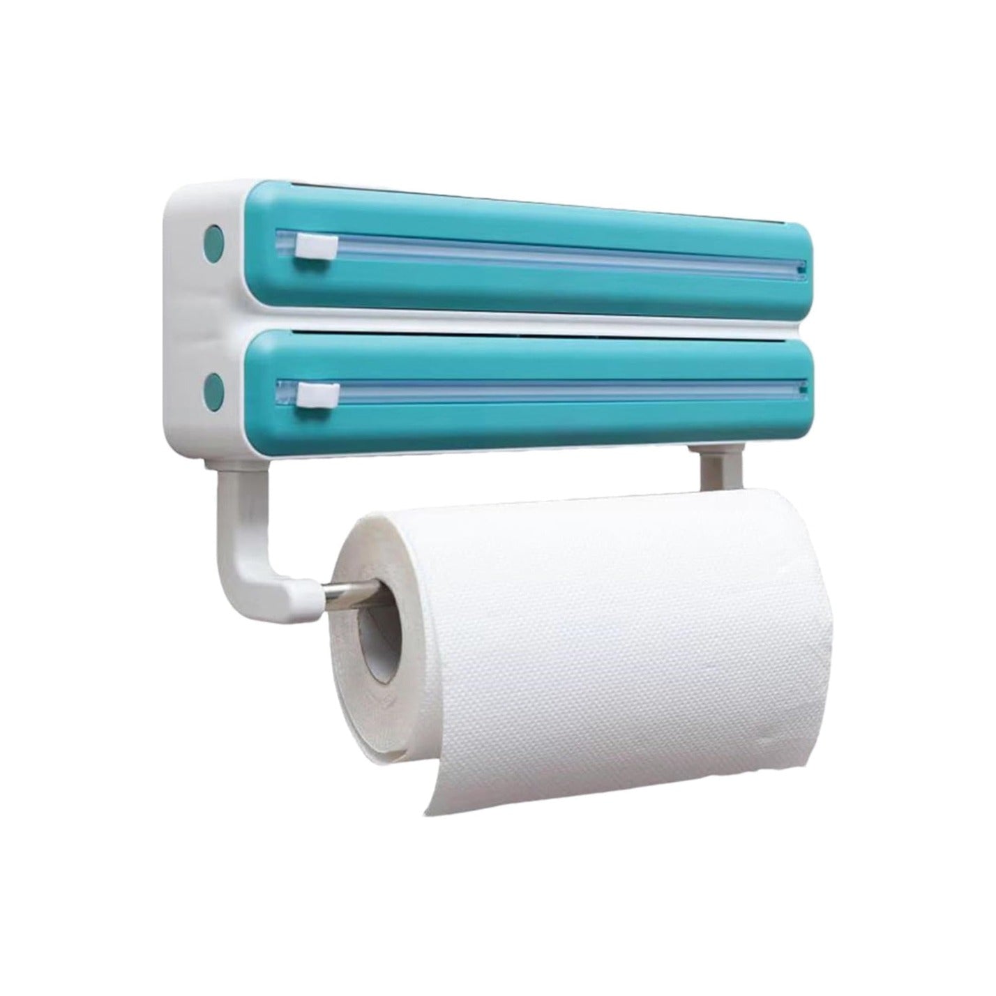 A wall-mounted triple paper dispenser with built-in cutters for cling film and foil, plus a paper towel holder below.