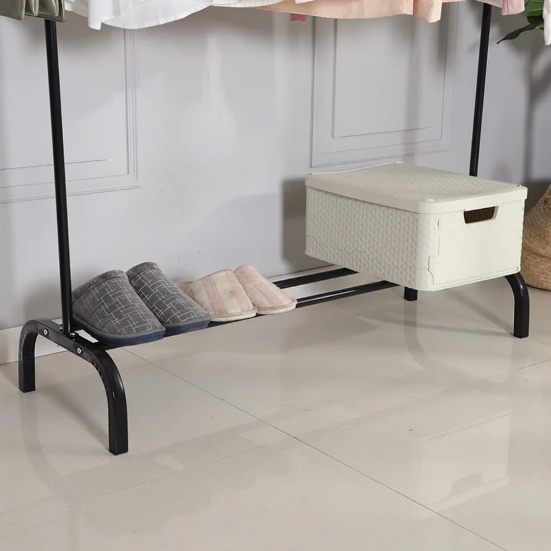 Bottom Part Of Multipurpose Metal Garment Stand Organized with Slippers and Storage Box.