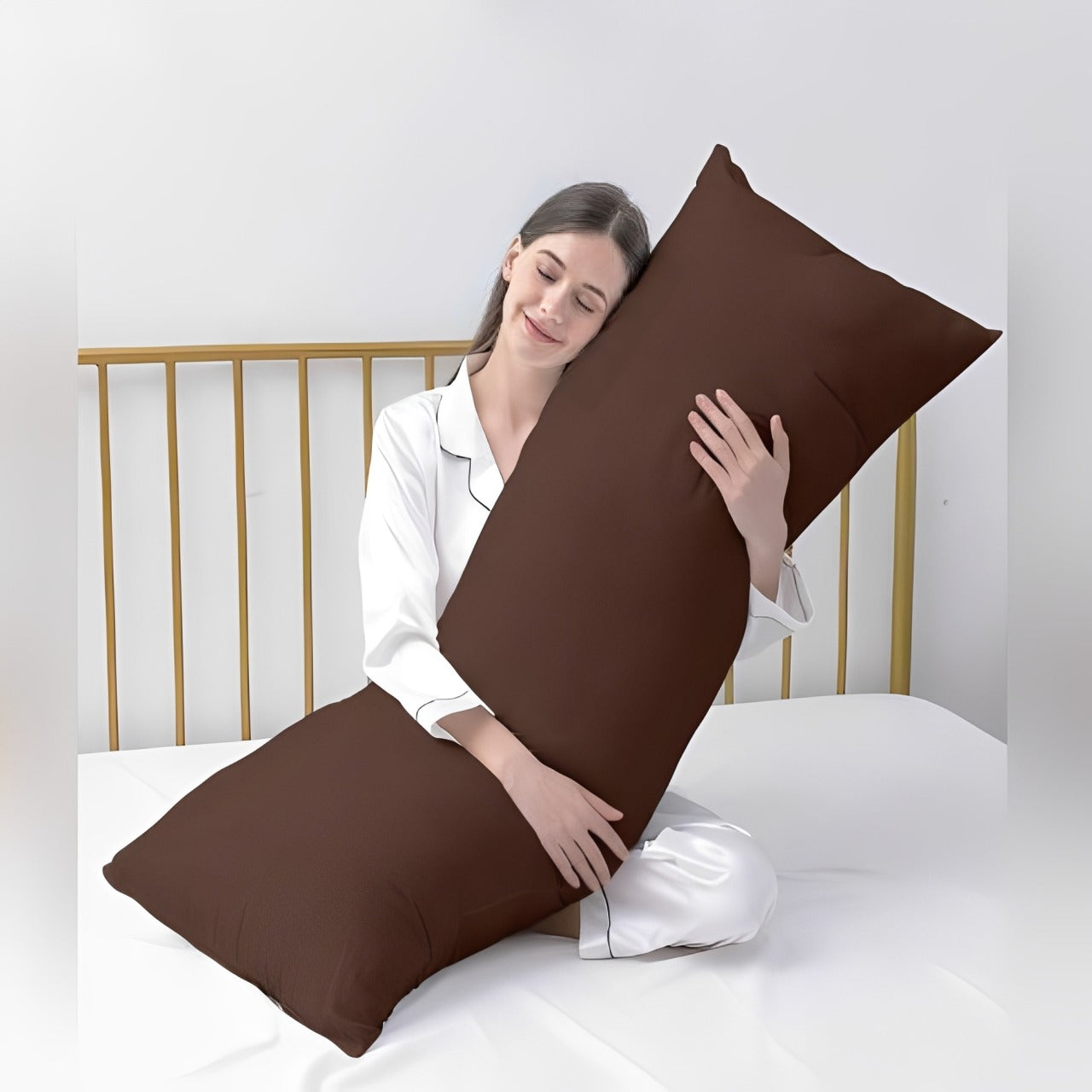 A Woman is Holding and Hugging Body Pillow.