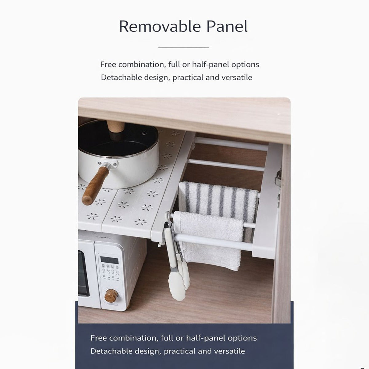 Different Kitchen Essentials are Hanged on the Adjustable Cabinet Shelf Divider Organizer Installed inside Kitchen Shelf.