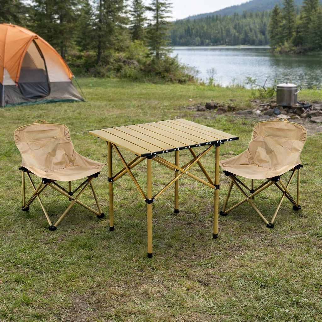 A Portable Folding Camping Table & Chair Set is arranged in a Camping area.