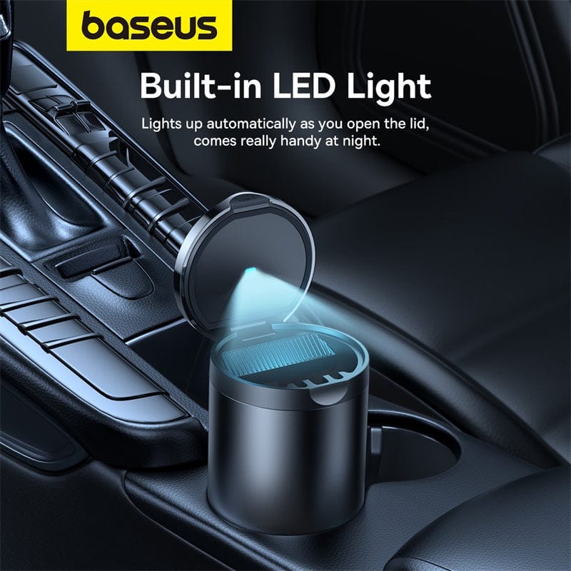 A Baseus Premium 2 Series LED Car Ashtray Placed in a Car.